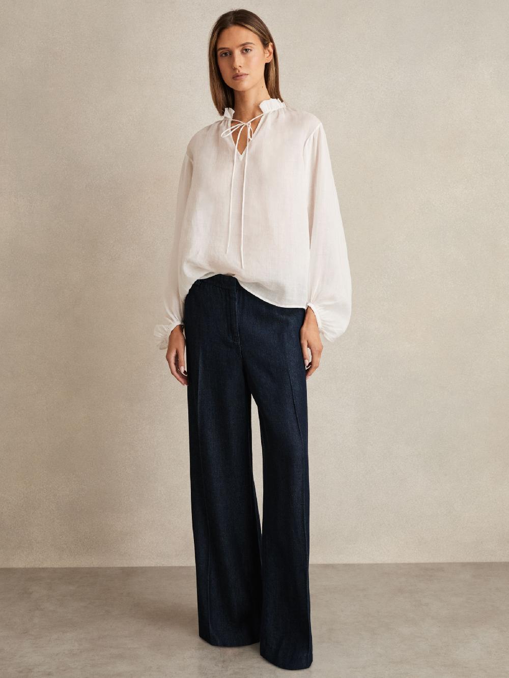 Reiss Denim-Look Wide-Leg Trousers In Dark Blue