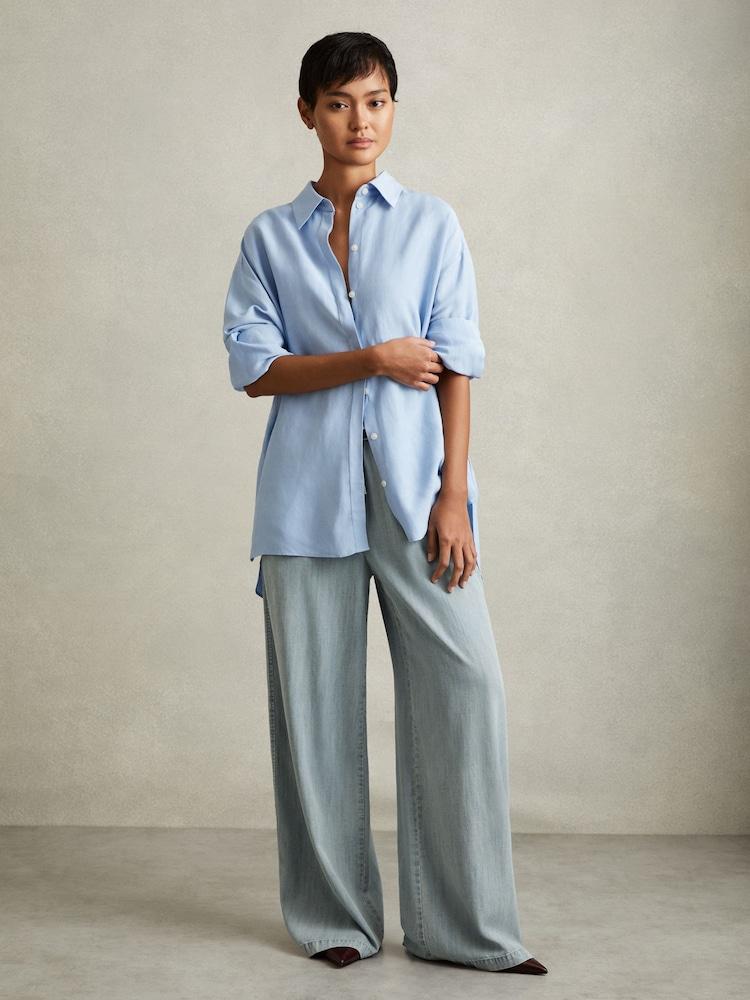 reiss Denim Look Wide Leg Trousers in Light Blue