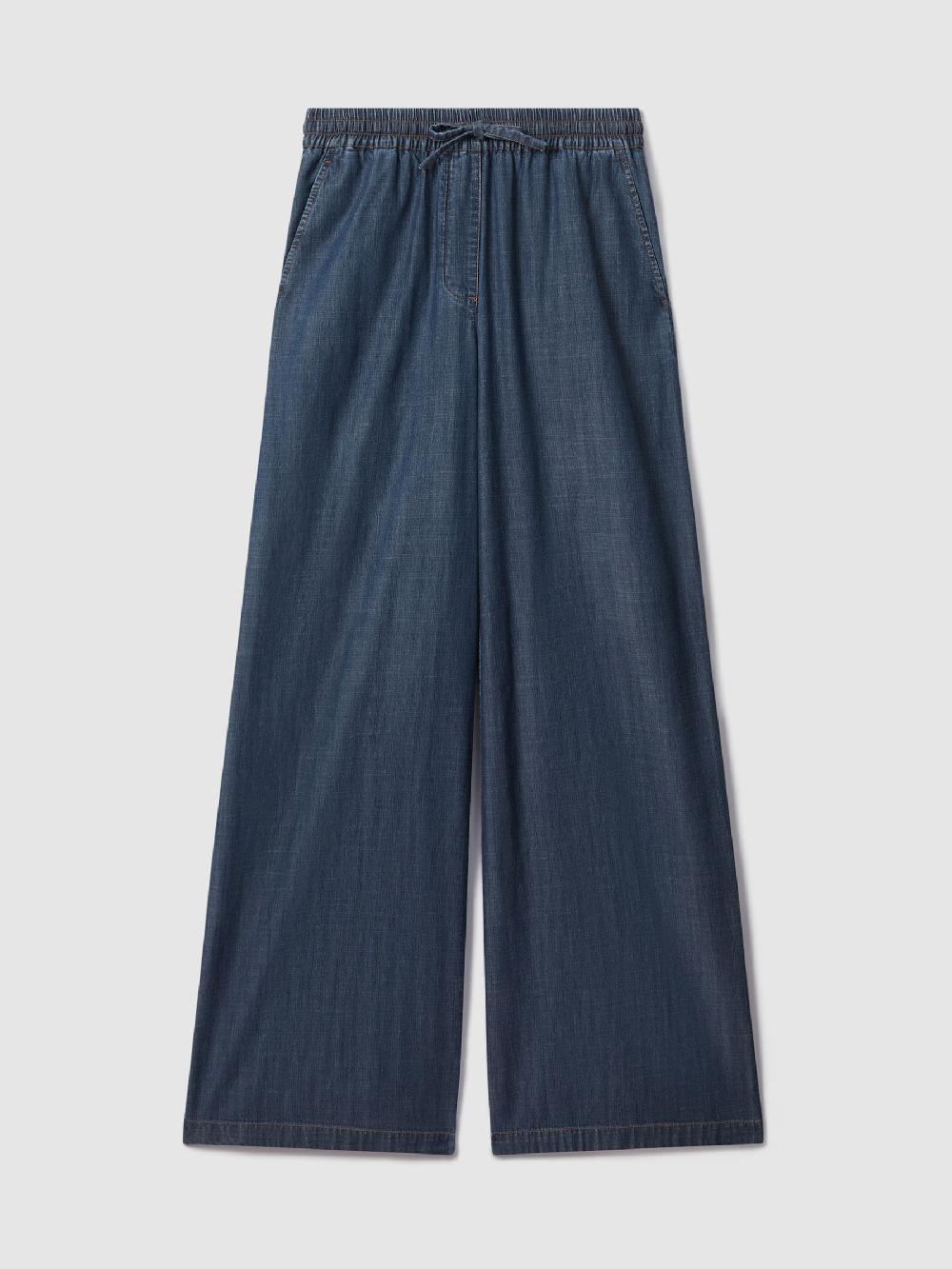 Reiss Denim Look Wide Leg Trousers In Mid Blue