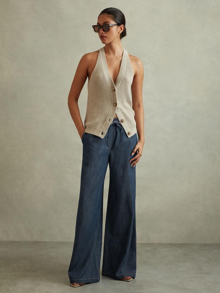 reiss Denim Look Wide Leg Trousers in Mid Blue