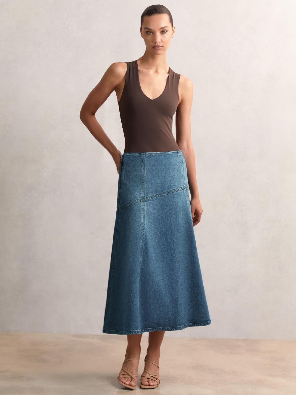 Reiss Denim Panelled Midi Skirt In Indigo