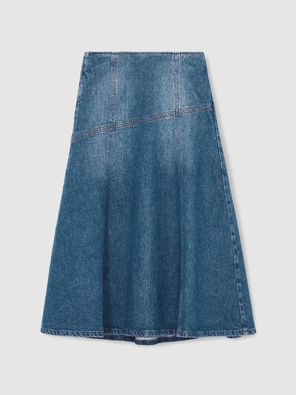 Reiss Denim Panelled Midi Skirt In Indigo