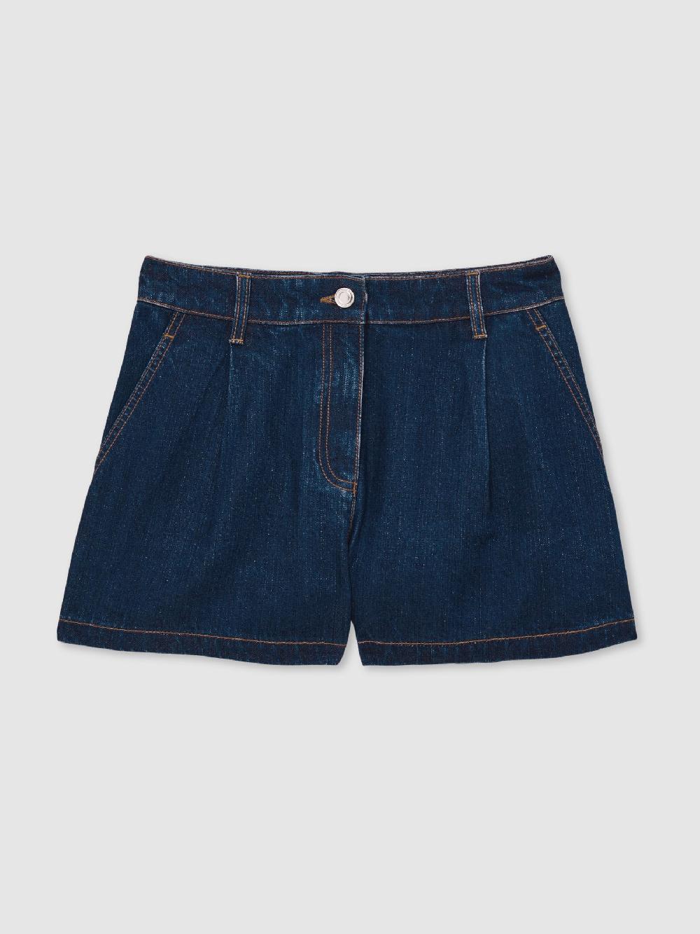 Reiss Denim Pleated Shorts In Mid Blue