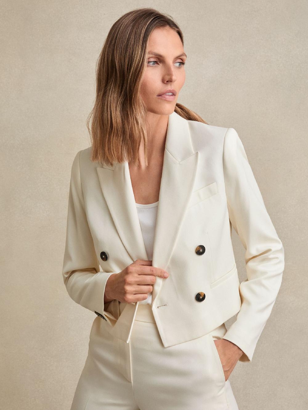Reiss Double-Breasted Cropped Blazer In Cream