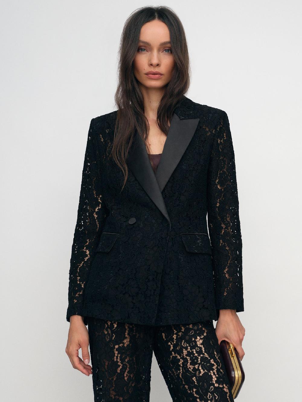 Reiss Double-Breasted Lace Tuxedo Blazer In Black