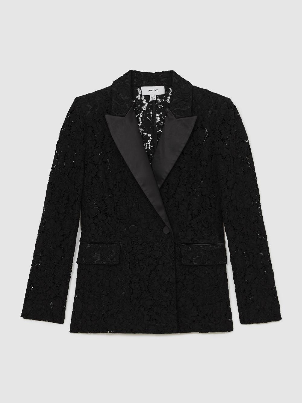 Reiss Double-Breasted Lace Tuxedo Blazer In Black