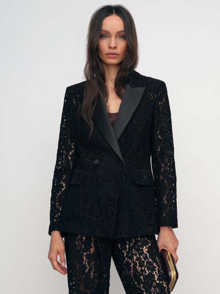 reiss Double-Breasted Lace Tuxedo Blazer in Black