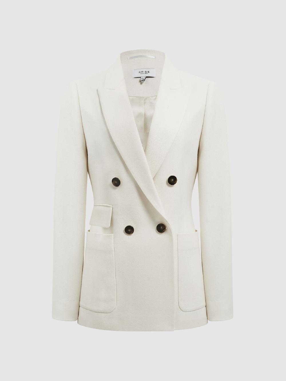 Reiss Double Breasted Twill Blazer In White