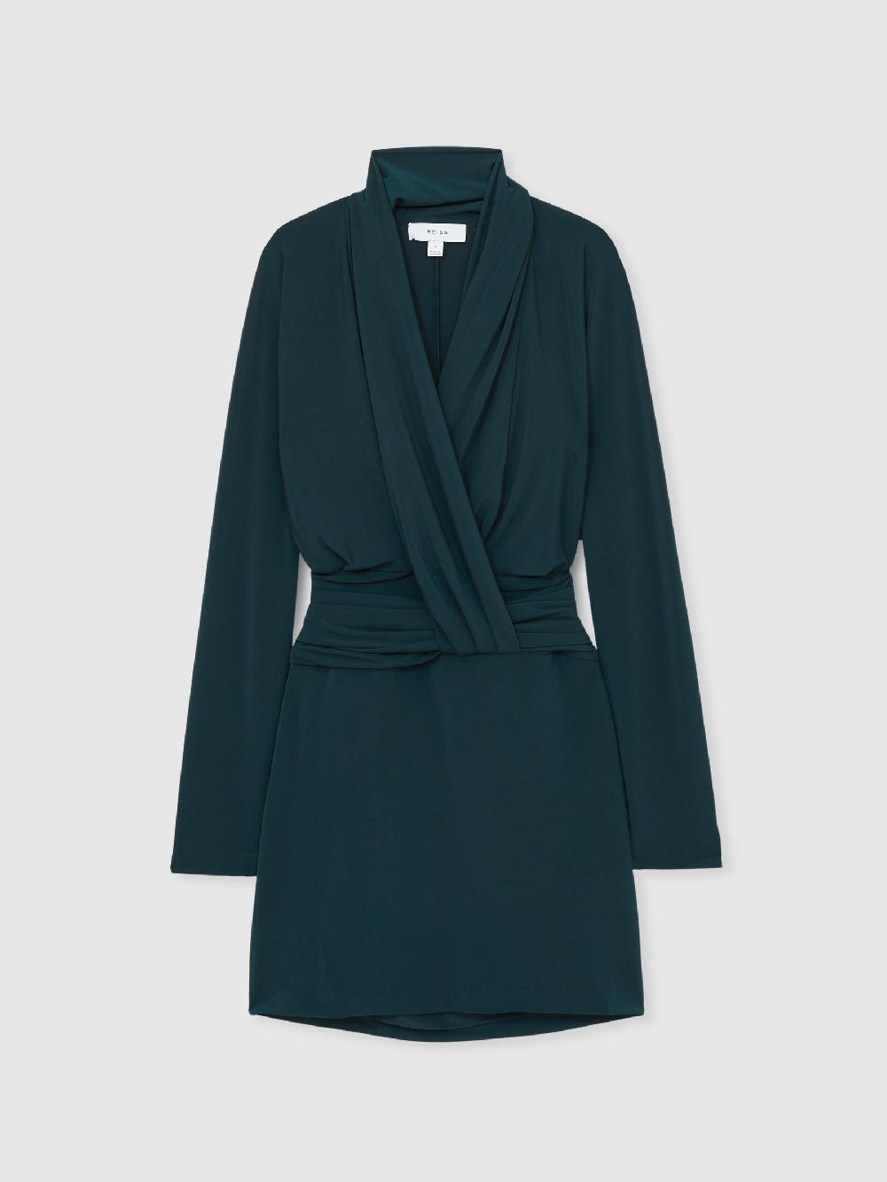 Reiss Draped-Front Jersey Mini Dress In Teal