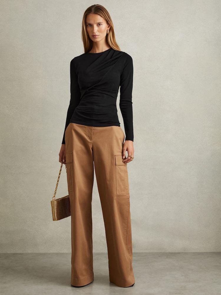 reiss Draped Front Ruched Top in Black