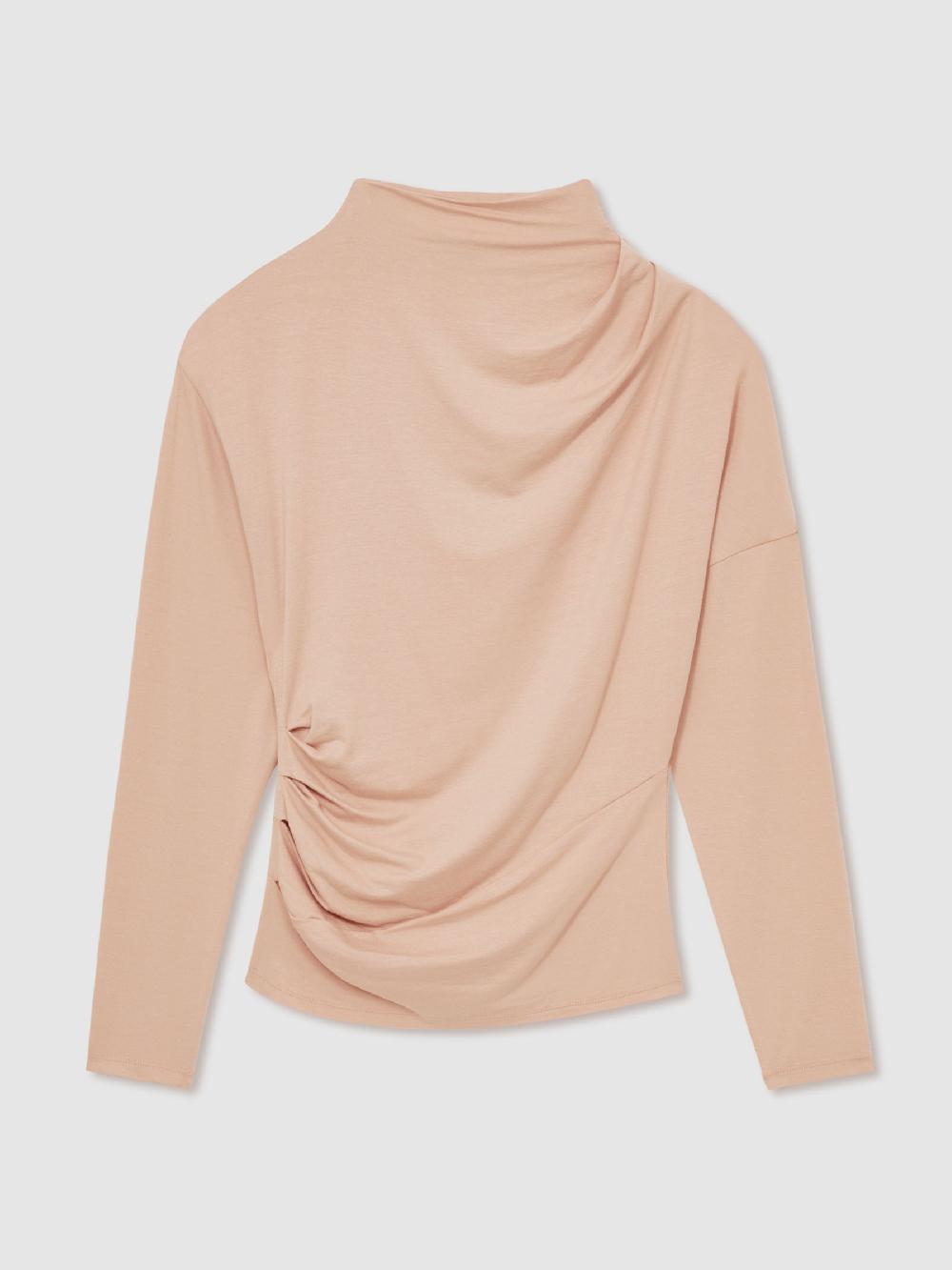Reiss Draped Jersey Long-Sleeve Top In Blush
