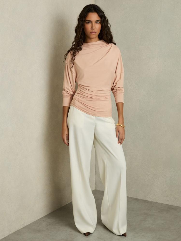 reiss Draped Jersey Long-Sleeve Top in Blush