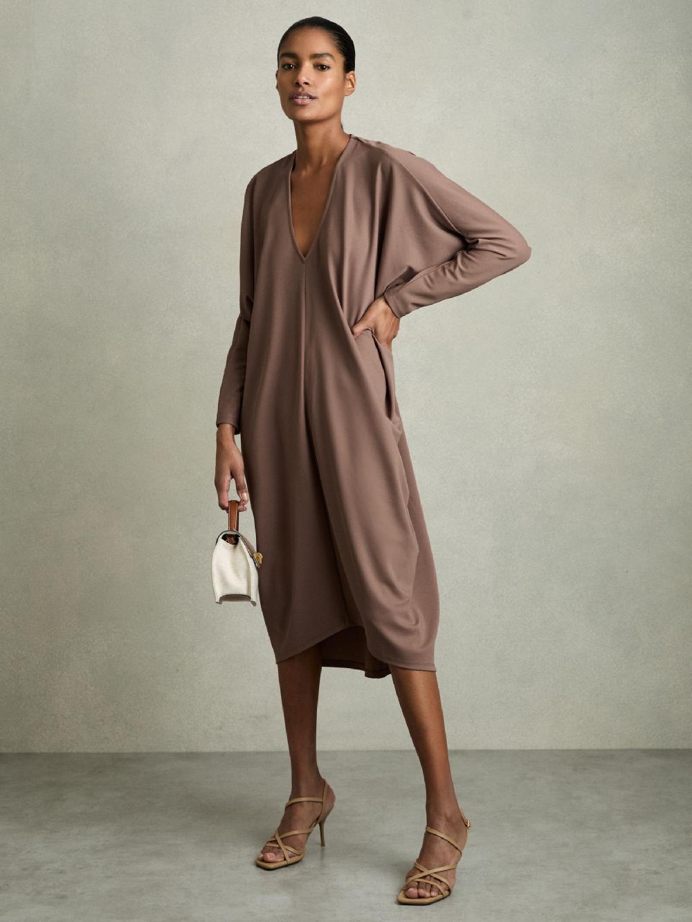 Reiss Draped Jersey Midi Dress In Mink