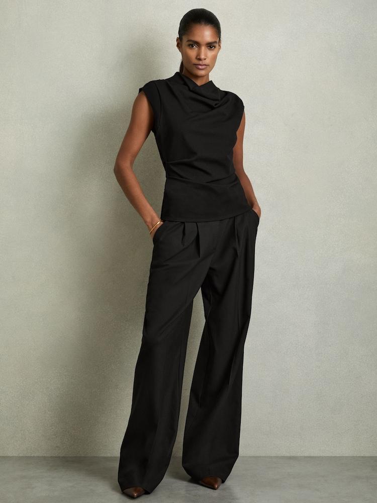 reiss Draped Jersey-Twill Sleeveless Top in Black