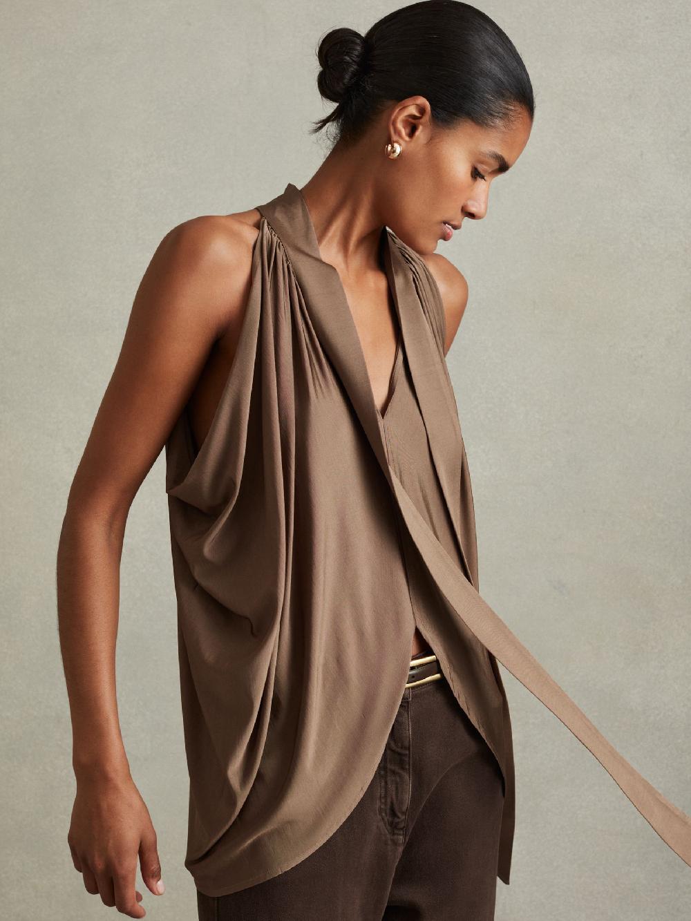 Reiss Draped Tie Neck Top In Dark Mink