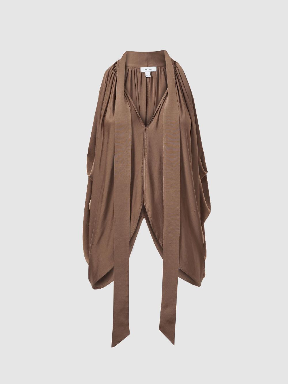 Reiss Draped Tie Neck Top In Dark Mink