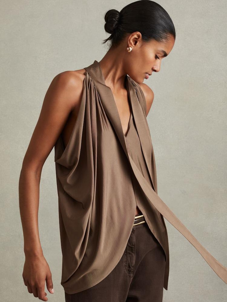reiss Draped Tie Neck Top in Dark Mink