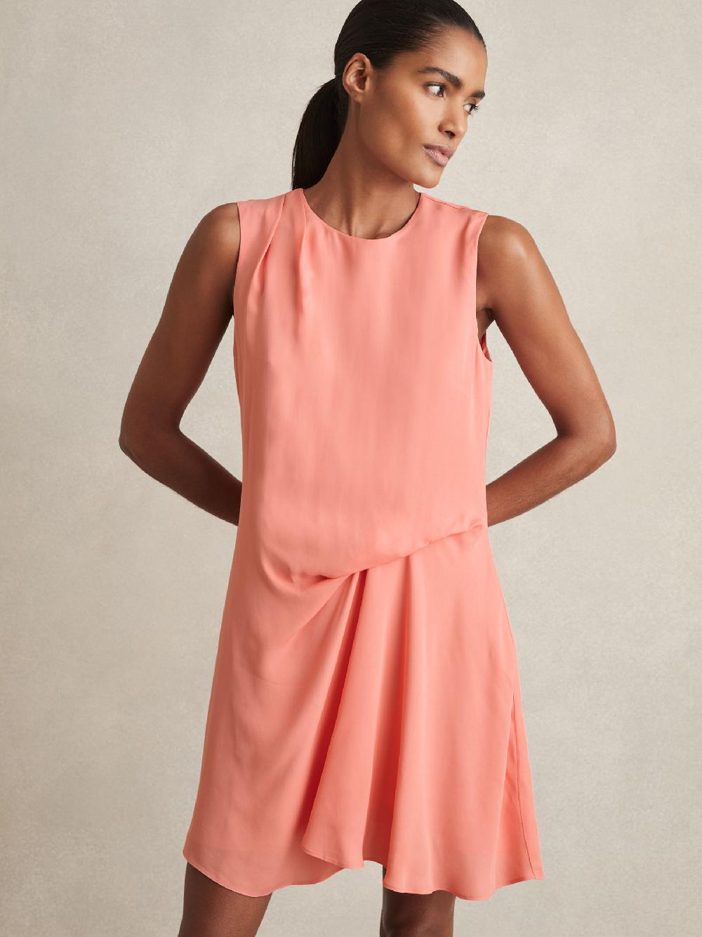 Reiss Draped Tuck Mini Dress In Coral