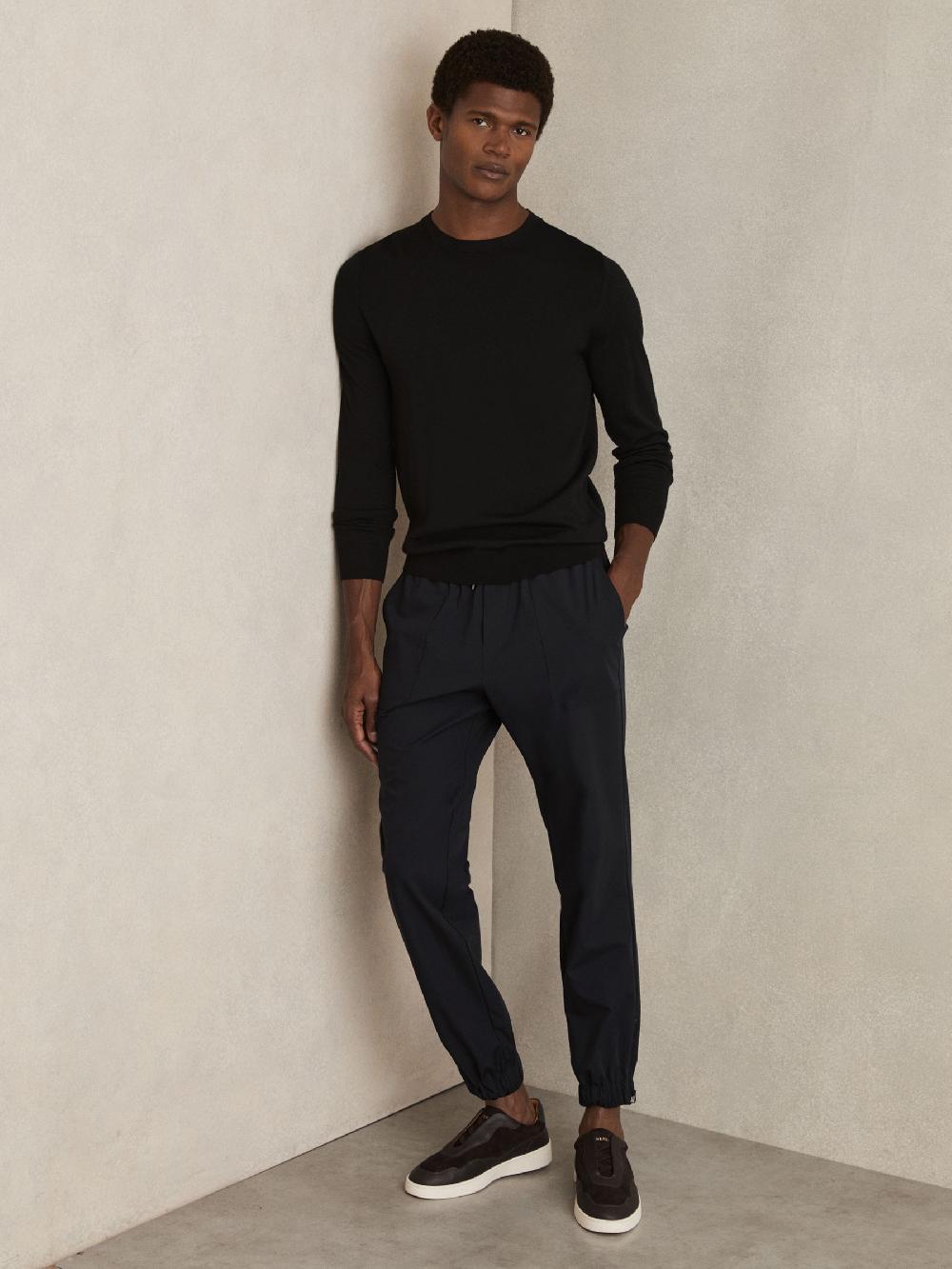 Reiss Drawstring Technical Cuffed Trousers In Navy