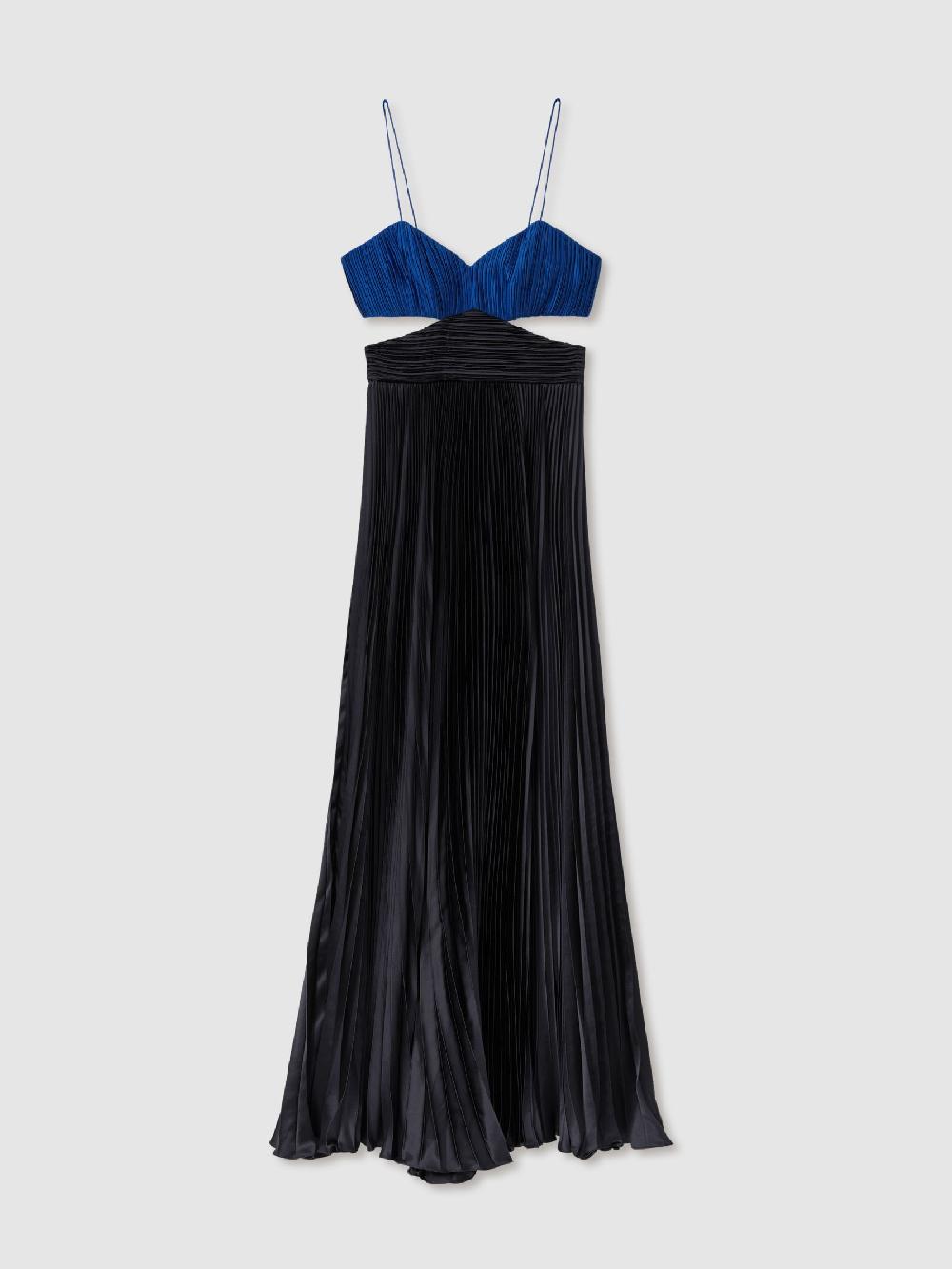 Reiss Elodie Navy Amur Pleated Cut-Out Maxi Dress