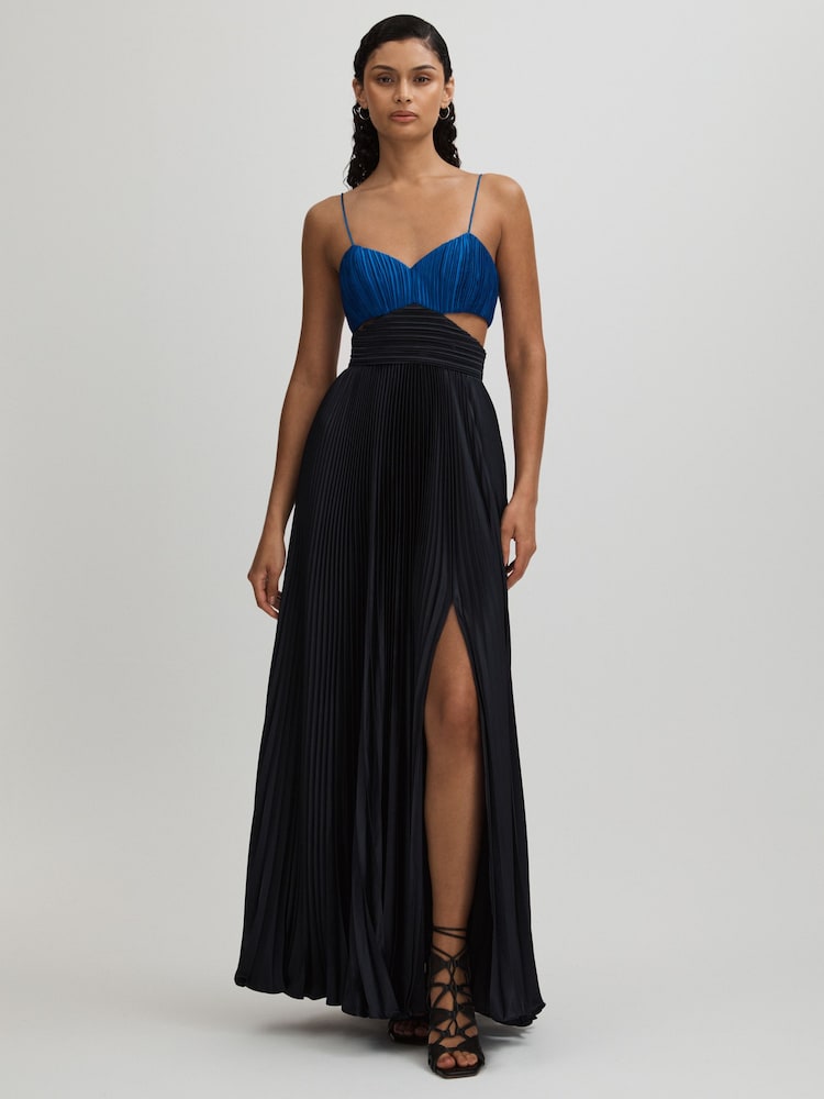 reiss Elodie Navy Amur Pleated Cut-Out Maxi Dress