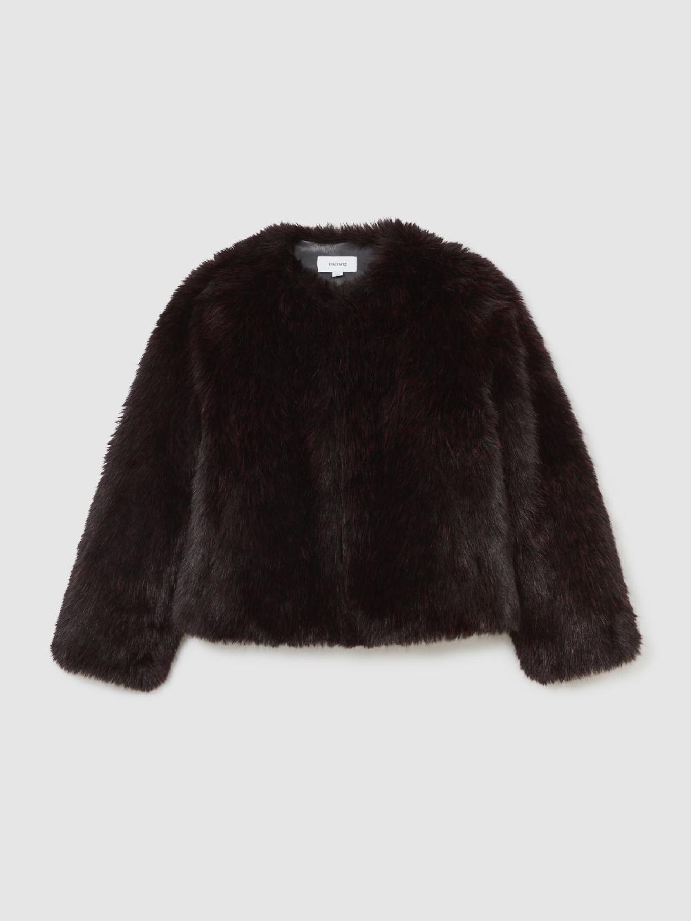 Reiss Faux-Fur Short Coat In Burgundy