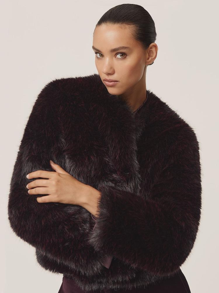 reiss Faux-Fur Short Coat in Burgundy