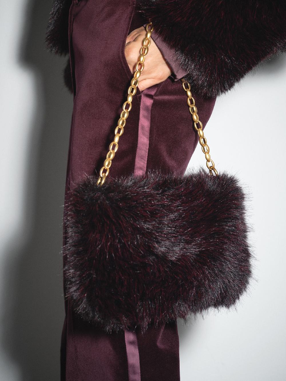 Reiss Faux Fur Shoulder Bag In Burgundy