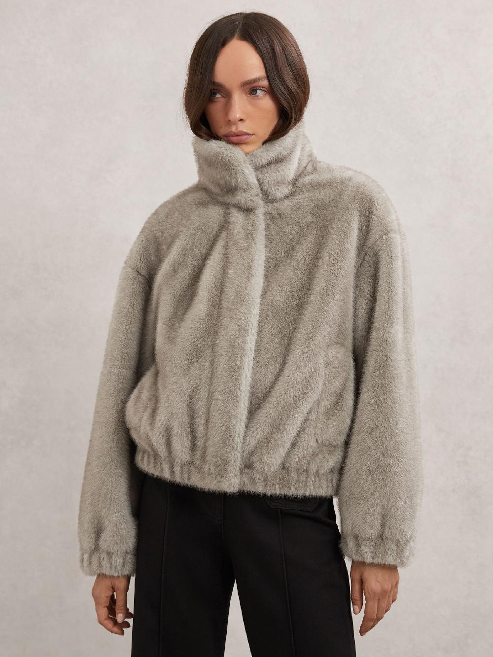 Reiss Faux-Fur Zip-Through Jacket In Grey