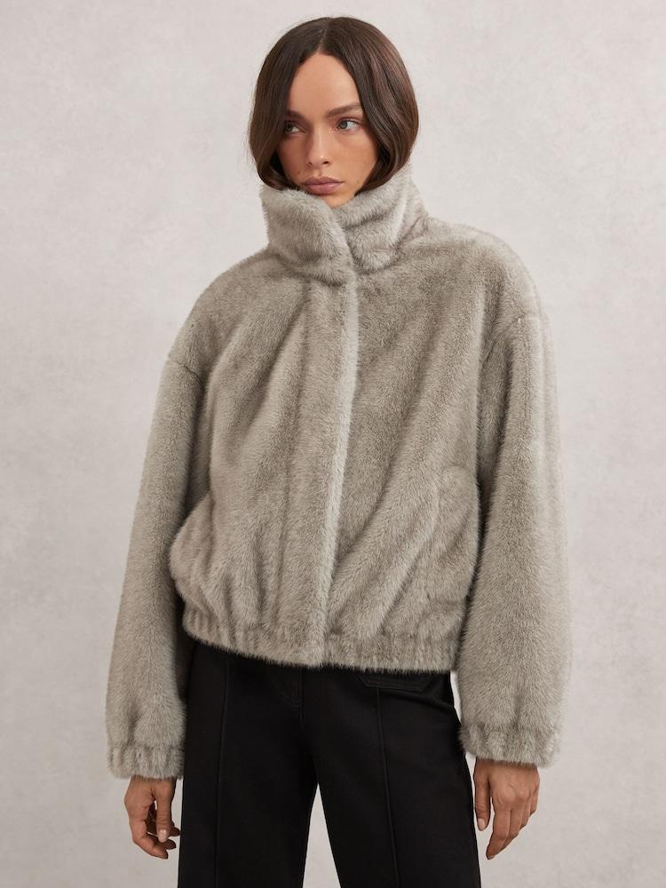 reiss Faux-Fur Zip-Through Jacket in Grey