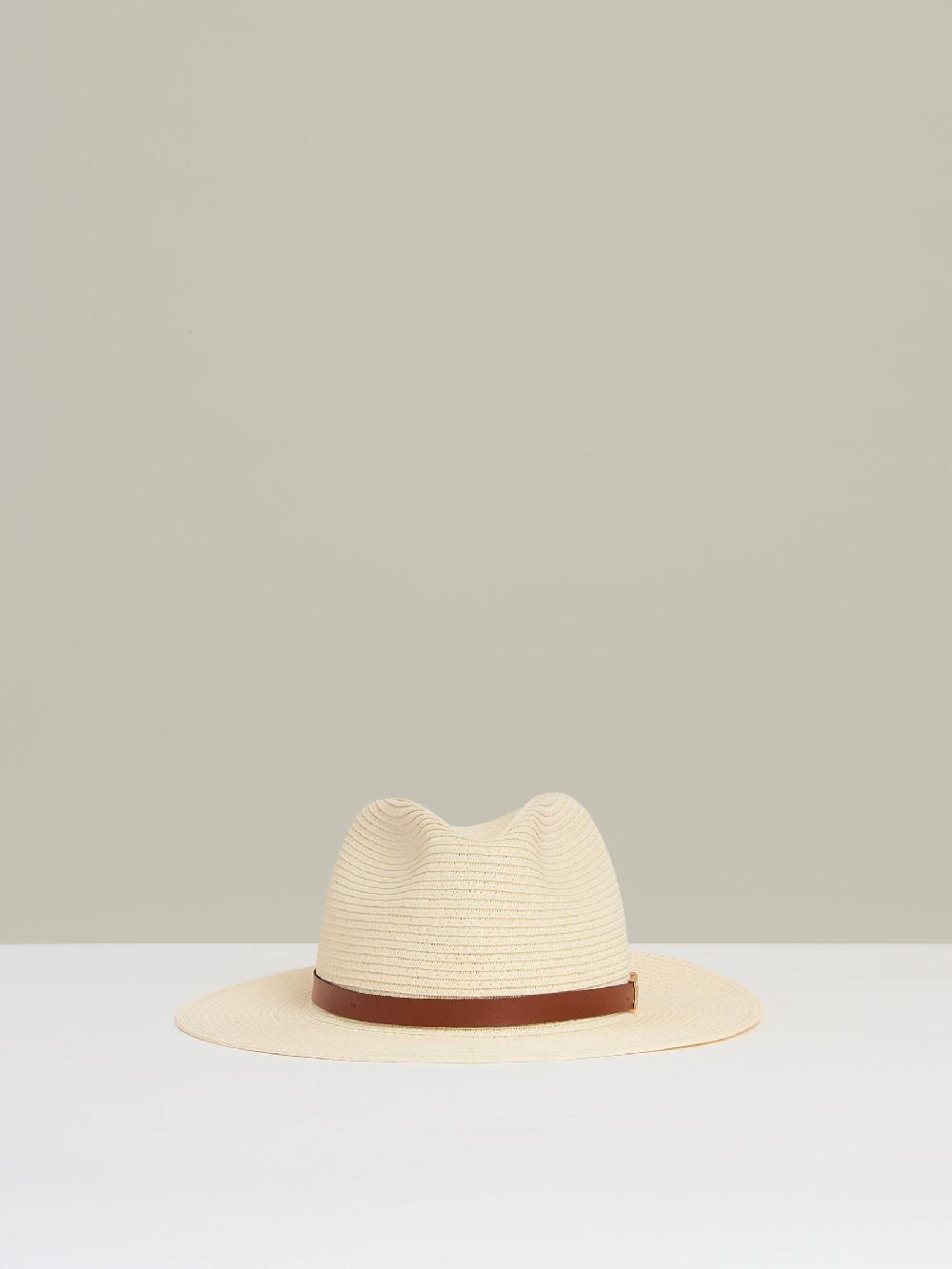 Reiss Faux Leather Trim Woven Hat In Natural