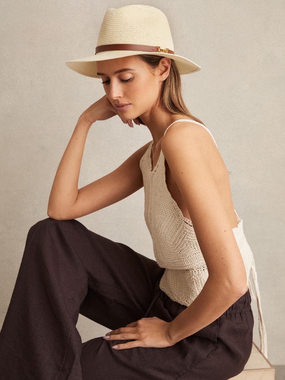 Reiss Faux Leather Trim Woven Hat In Natural