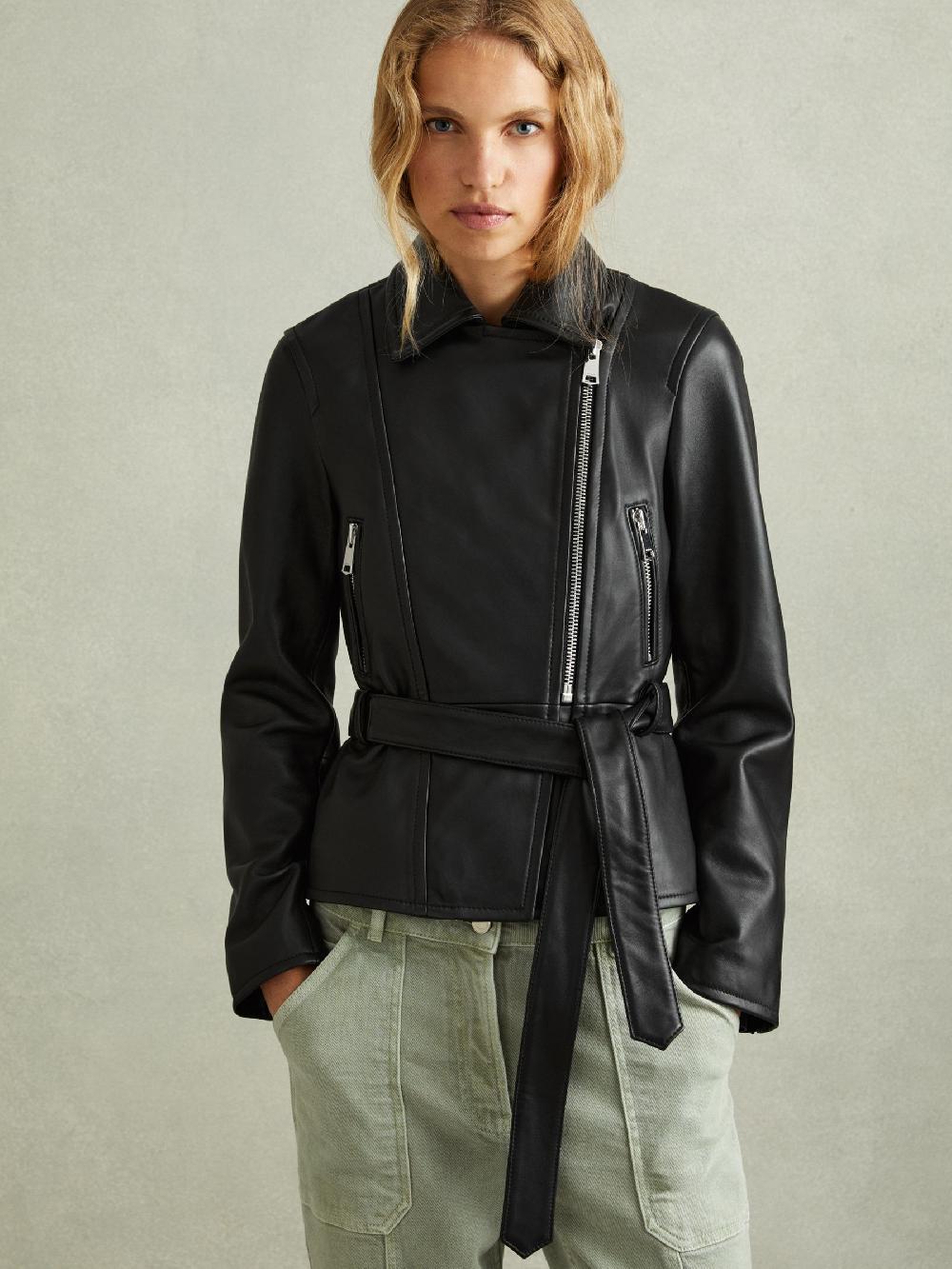 Reiss Febe Black Belted Leather Jacket