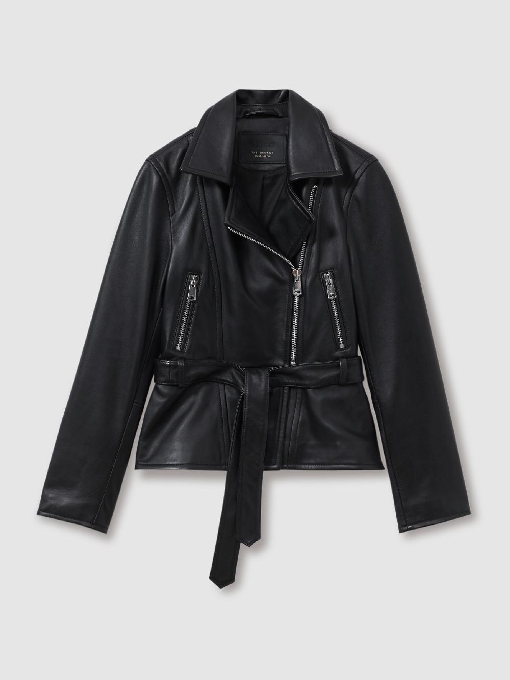Reiss Febe Black Belted Leather Jacket