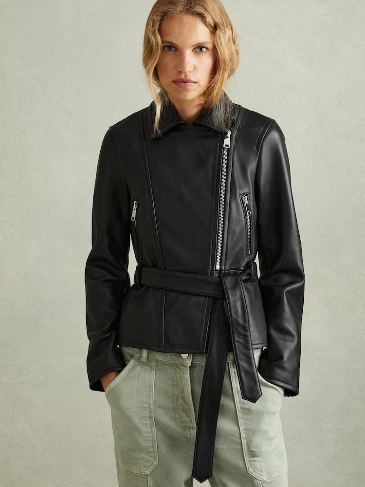 reiss Febe Black Belted Leather Jacket