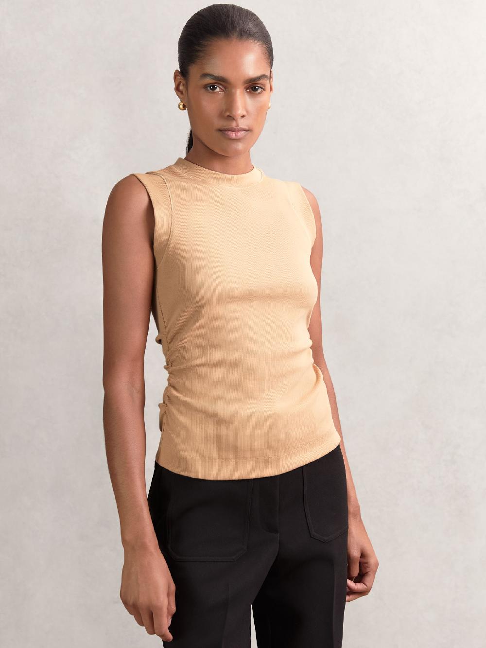 Reiss Fine-Rib Ruched Vest Top In Camel