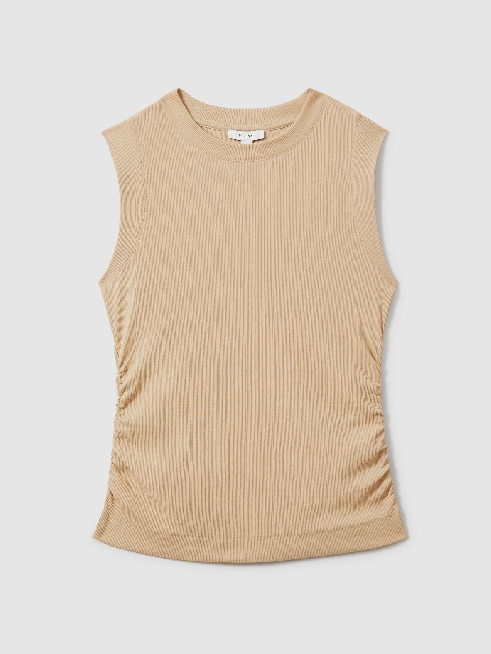 Reiss Fine-Rib Ruched Vest Top In Camel