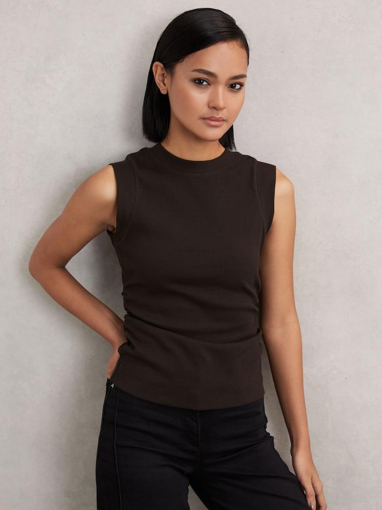 reiss Fine-Rib Ruched Vest Top in Chocolate