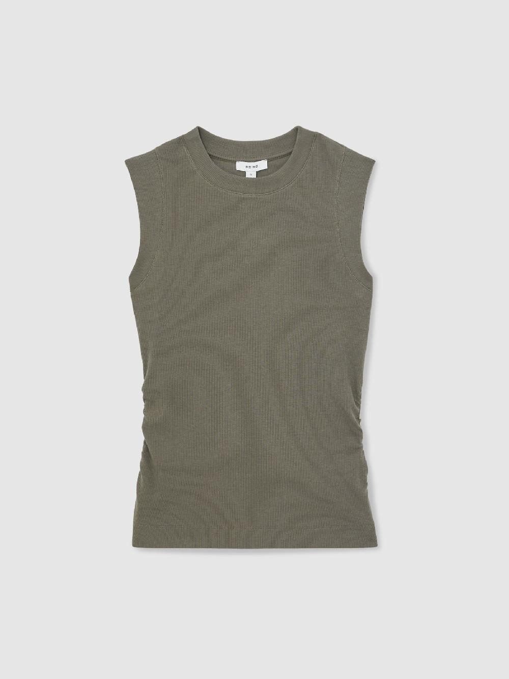 Reiss Fine-Rib Ruched Vest Top In Khaki Green