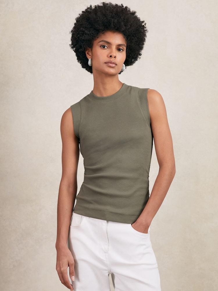 reiss Fine-Rib Ruched Vest Top in Khaki Green