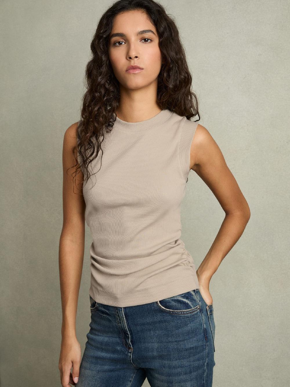 Reiss Fine-Rib Ruched Vest Top In Light Camel