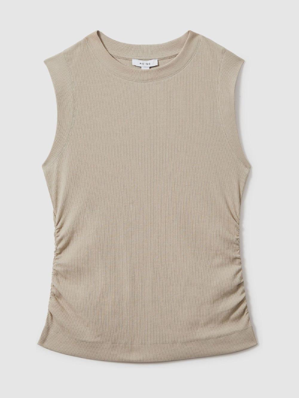 Reiss Fine-Rib Ruched Vest Top In Light Camel