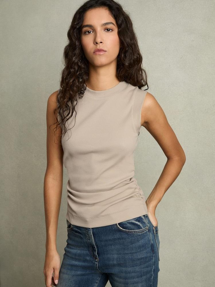 reiss Fine-Rib Ruched Vest Top in Light Camel