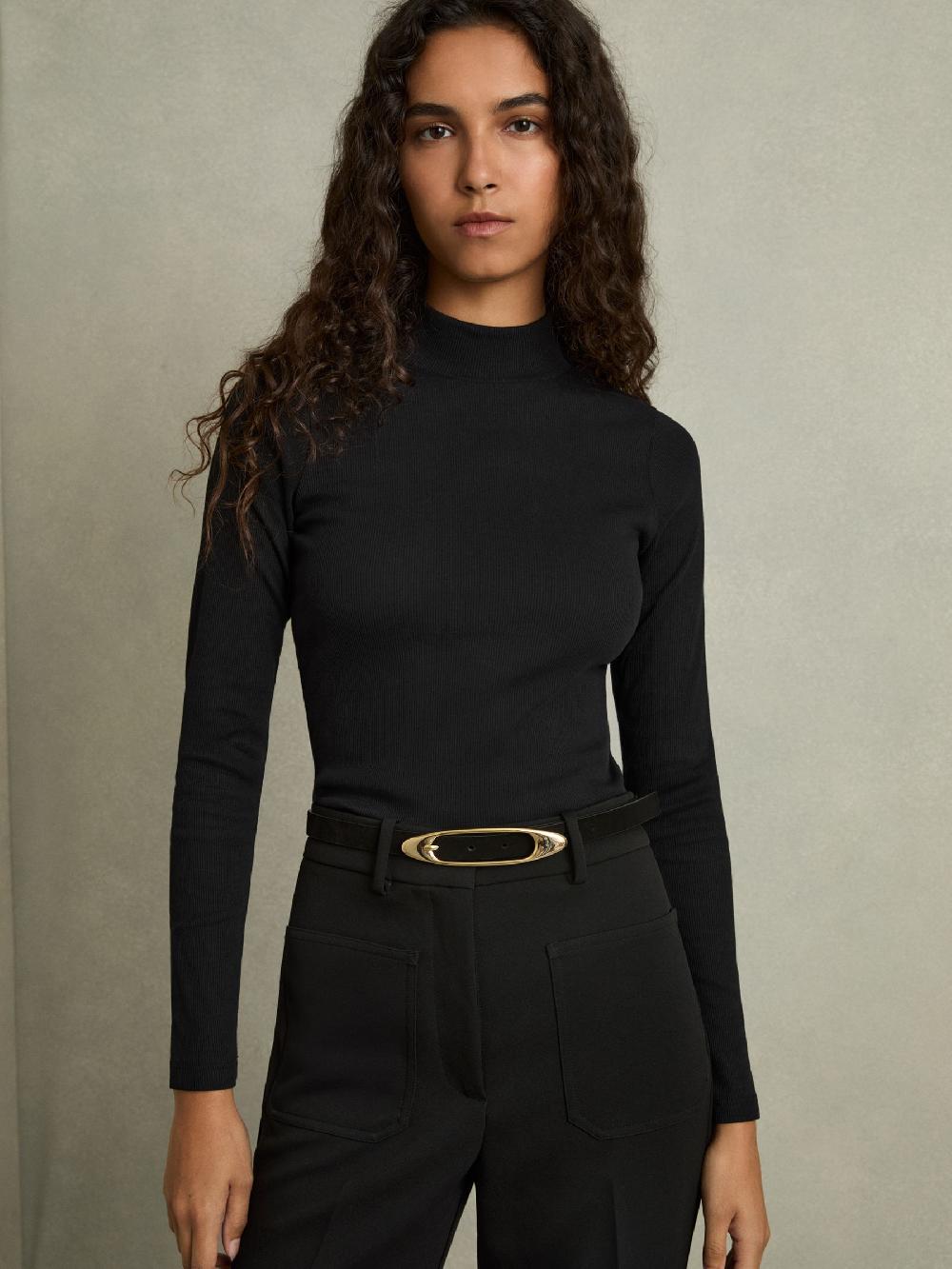 Reiss Fine-Ribbed High-Neck Top In Black