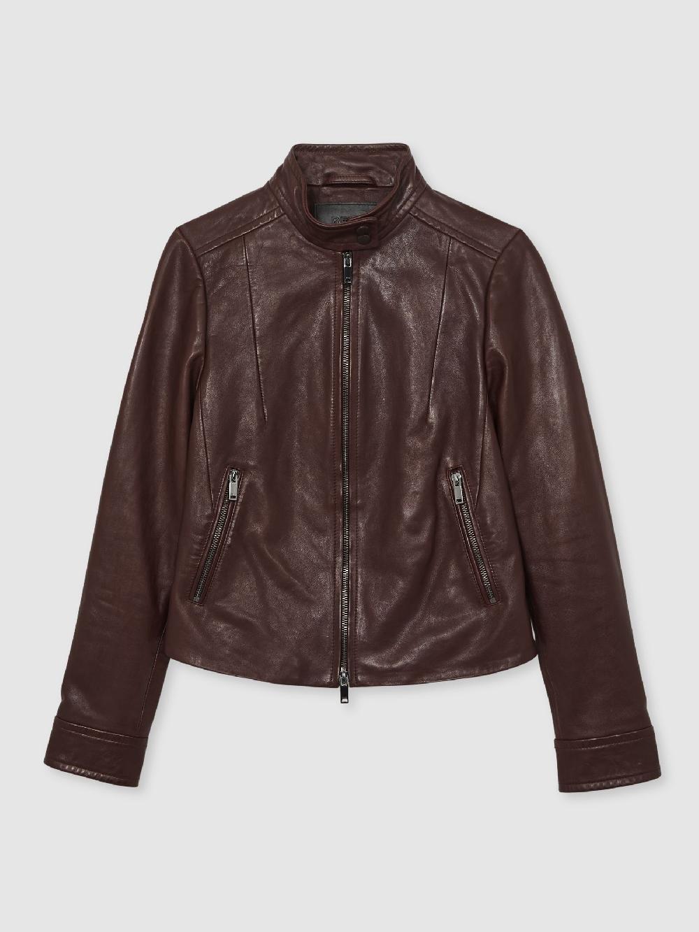 Reiss Fitted Leather Biker Jacket In Burgundy
