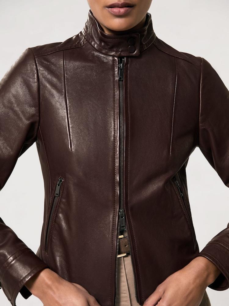 reiss Fitted Leather Biker Jacket in Burgundy