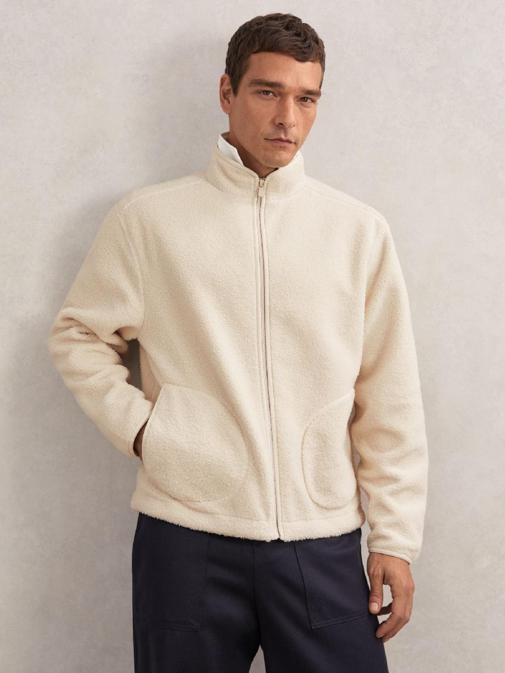 Reiss Fleece Zip-Through Jacket In Ecru
