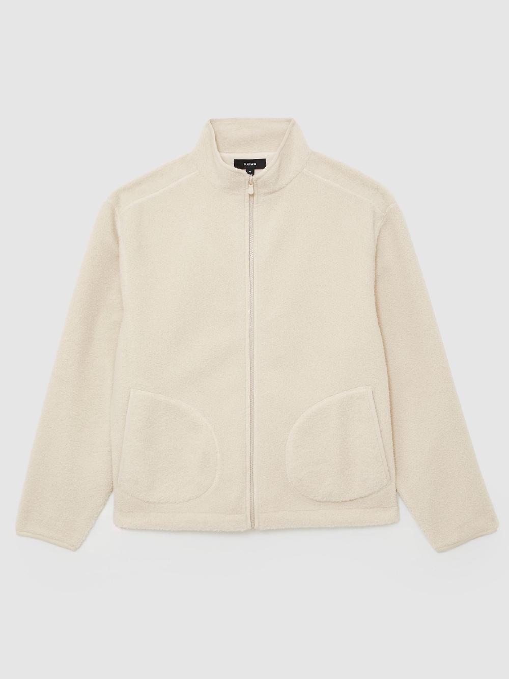 Reiss Fleece Zip-Through Jacket In Ecru