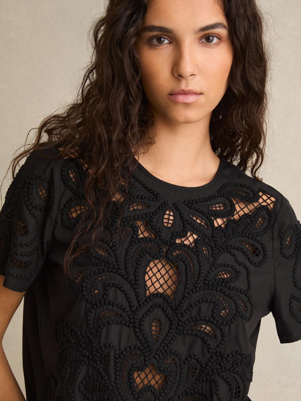 Reiss Floral Cut-Out Embroidery Top In Black