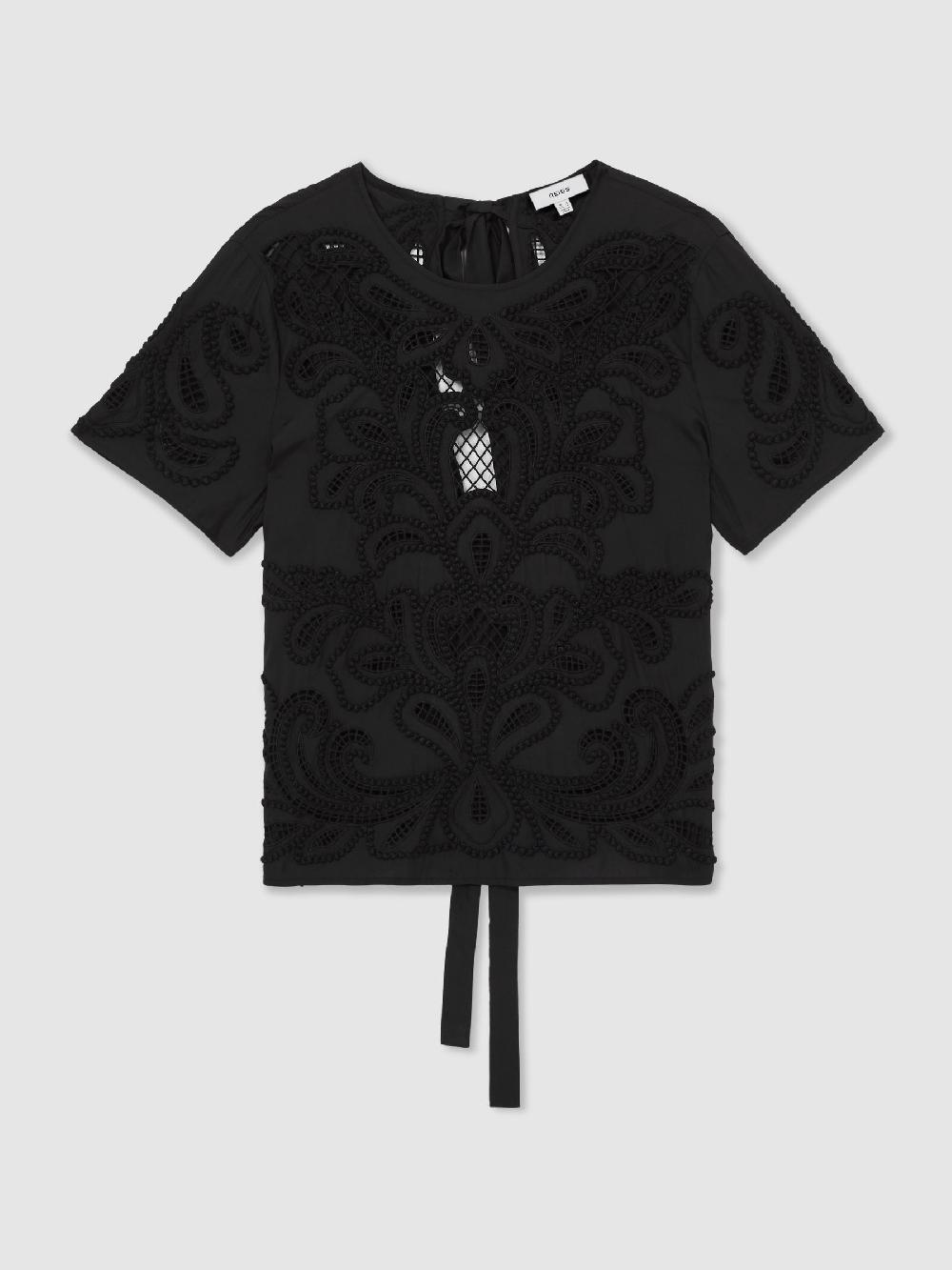Reiss Floral Cut-Out Embroidery Top In Black